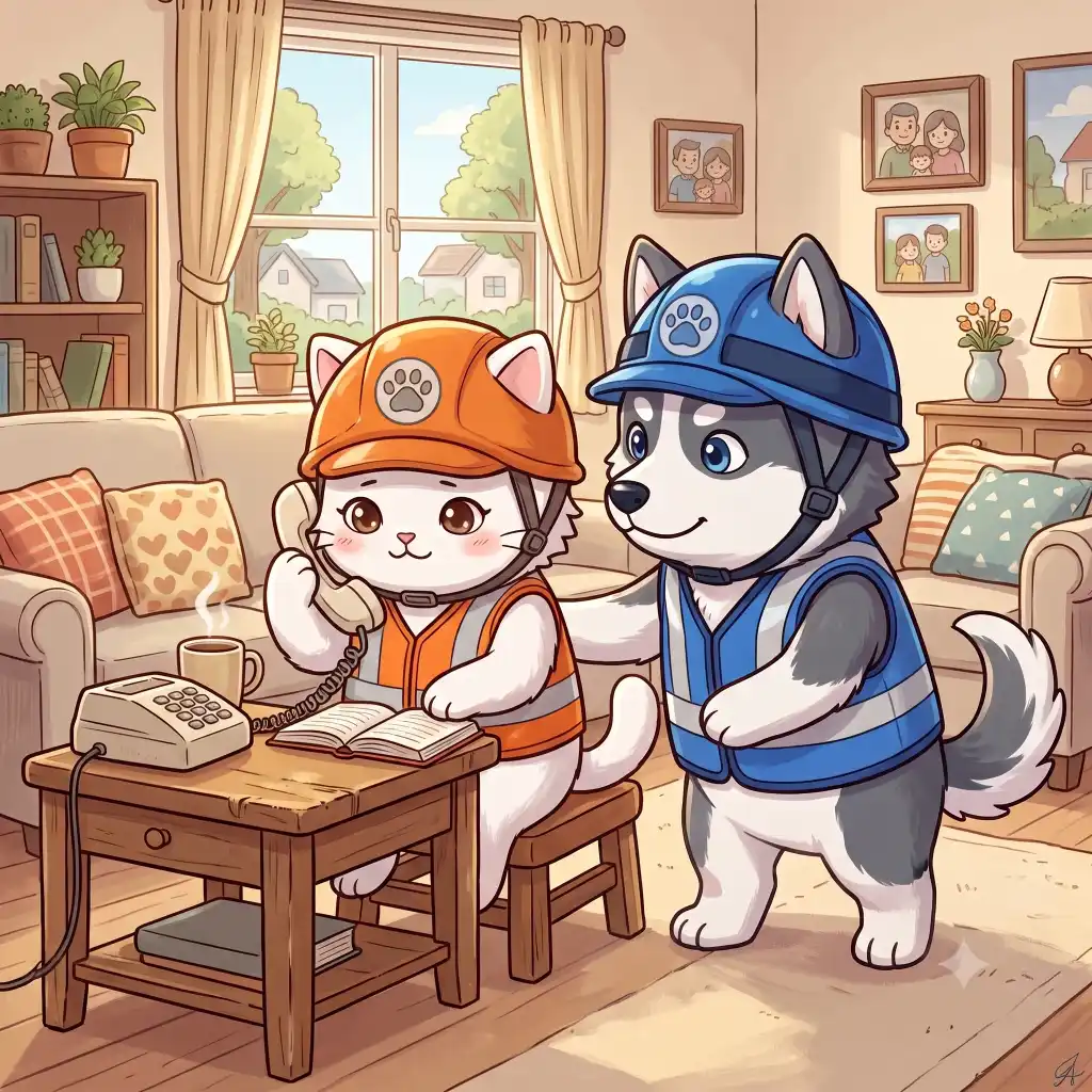 受話器を持って落ち着いて話している人のイラスト