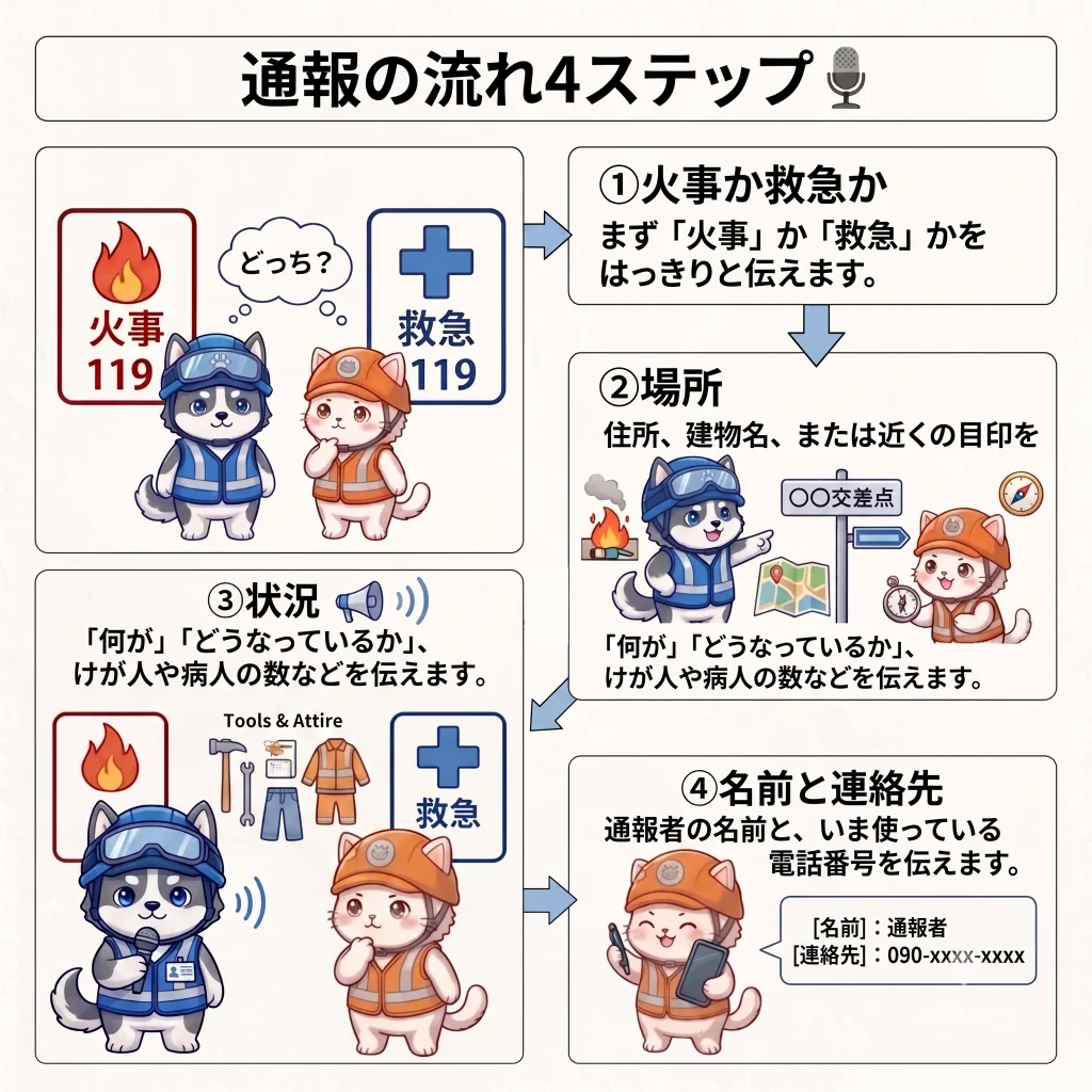 通報の流れ4ステップを示した図解イラスト