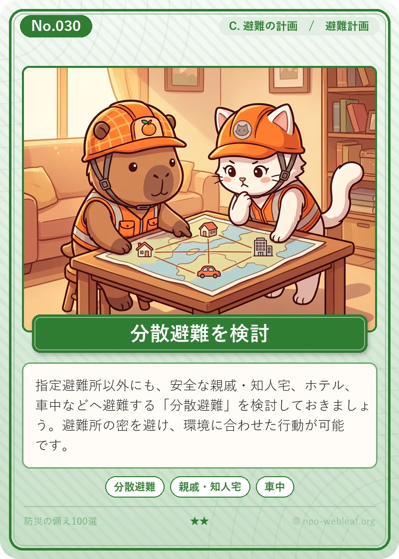 分散避難（親戚宅・ホテル・車中泊）のイラスト