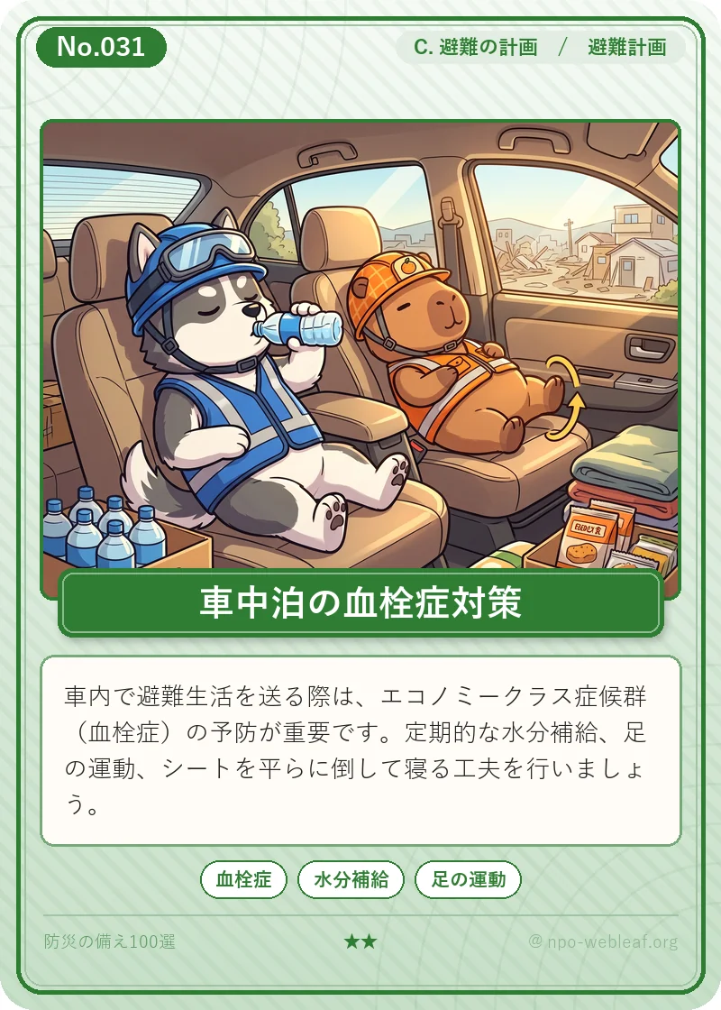 車中泊とエコノミークラス症候群対策のイラスト