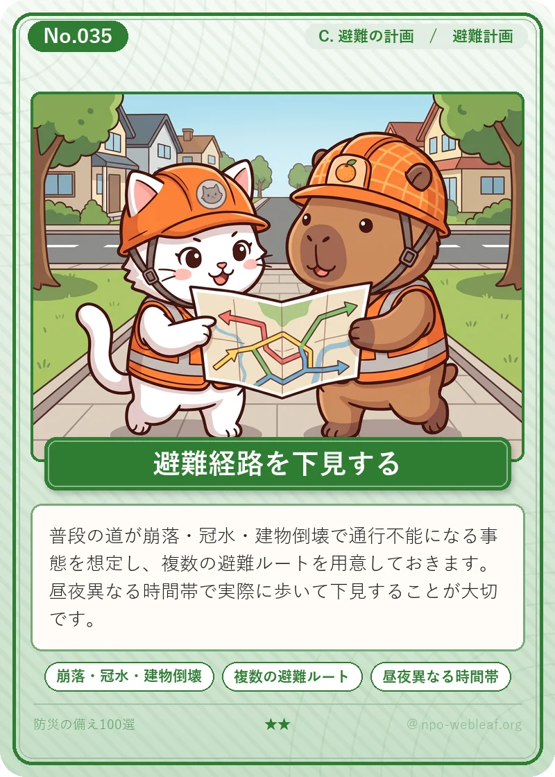 避難経路の複数確保と下見のイラスト