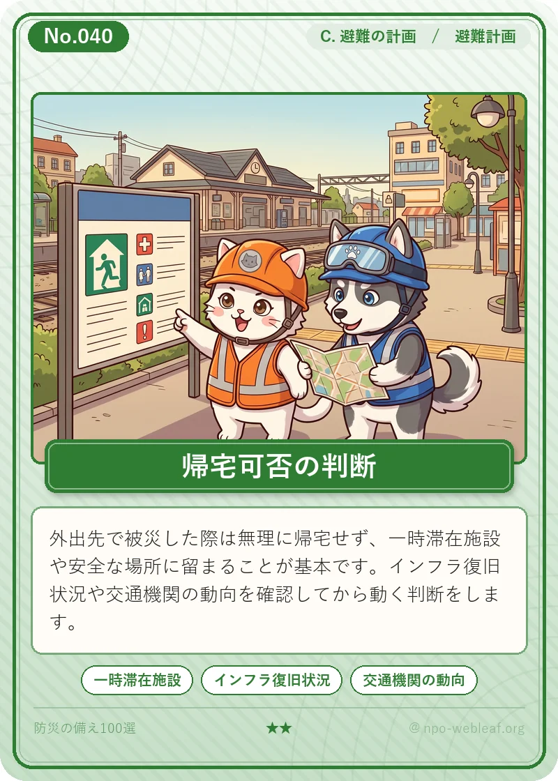 外出先で被災した場合の帰宅可否判断のイラスト