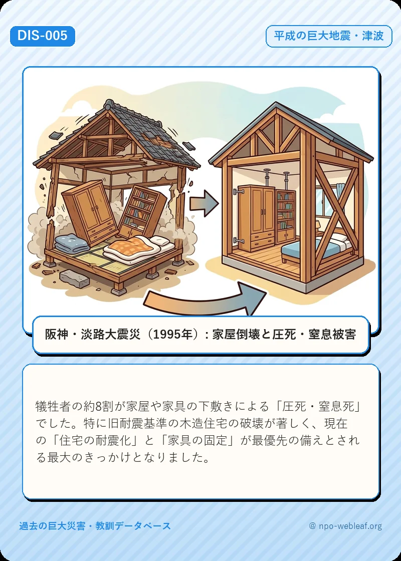 阪神・淡路大震災（1995年）: 家屋倒壊と圧死・窒息被害のイラスト