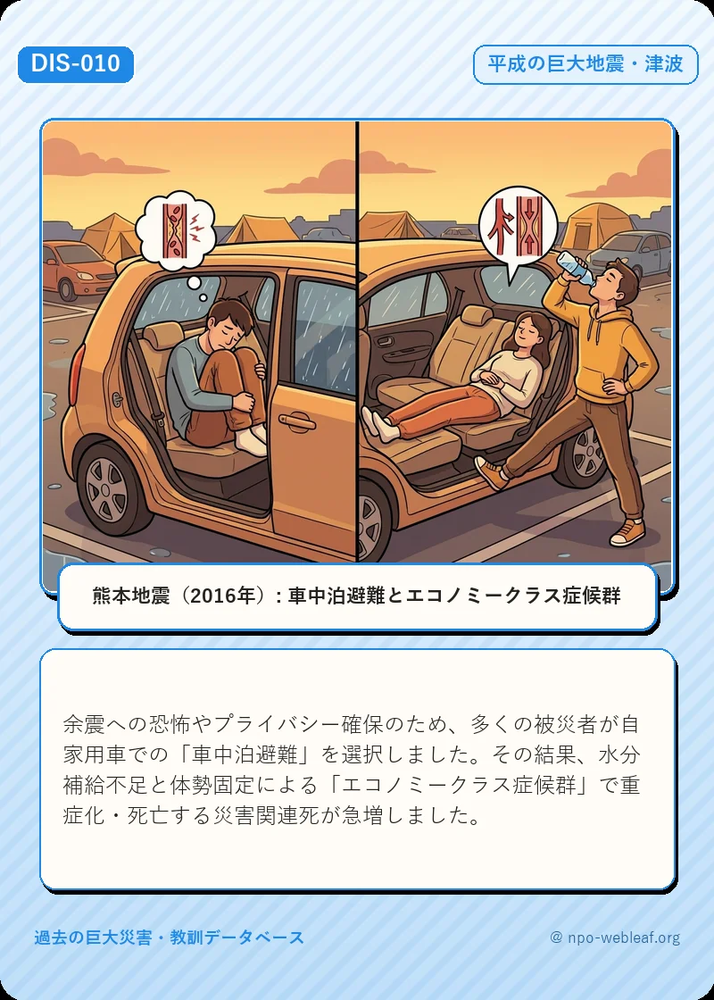 熊本地震（2016年）: 車中泊避難とエコノミークラス症候群のイラスト
