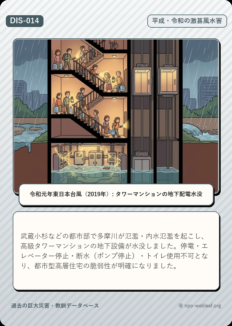 令和元年東日本台風（2019年）: タワーマンションの地下配電水没のイラスト