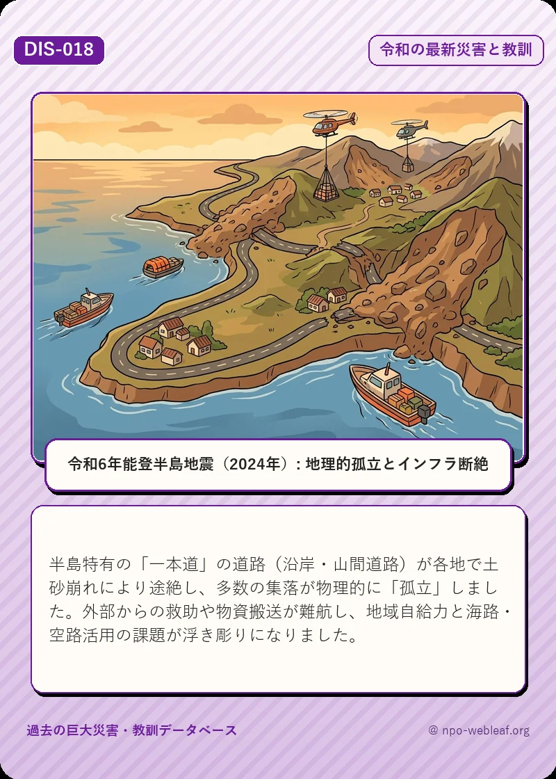 令和6年能登半島地震（2024年）: 地理的孤立とインフラ断絶のイラスト