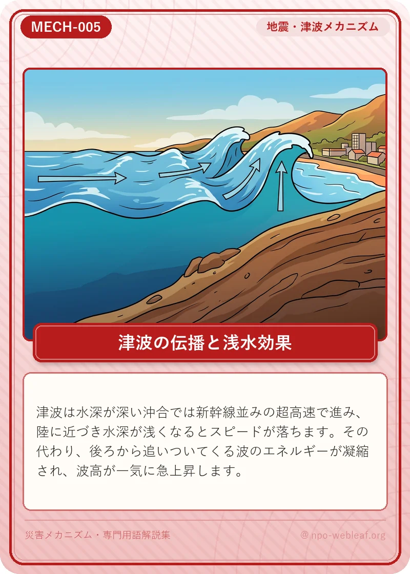 津波の伝播と浅水効果の図解