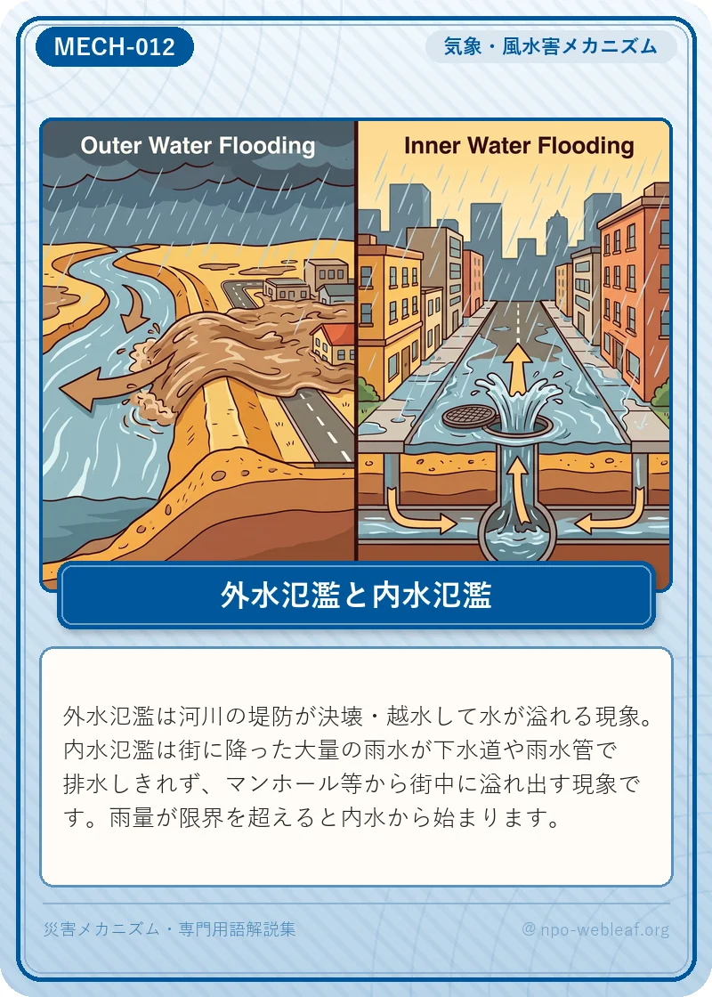 外水氾濫と内水氾濫の図解