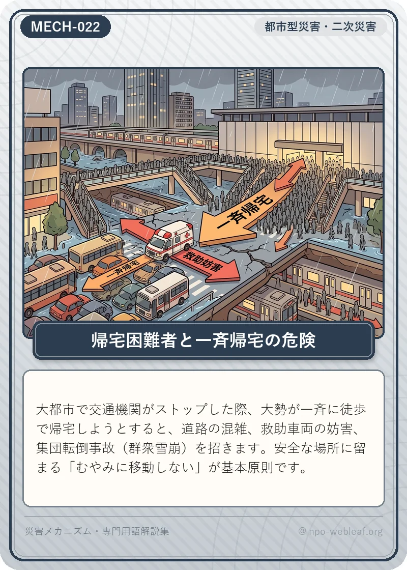 帰宅困難者と一斉帰宅の危険の図解